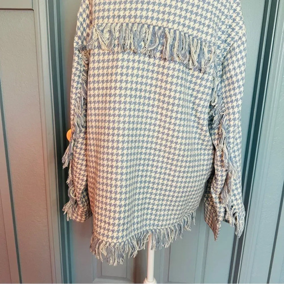 Shero Houndstooth Tassel Trim Blue and White Fringe Shacket Jacket - Picture 11 of 13